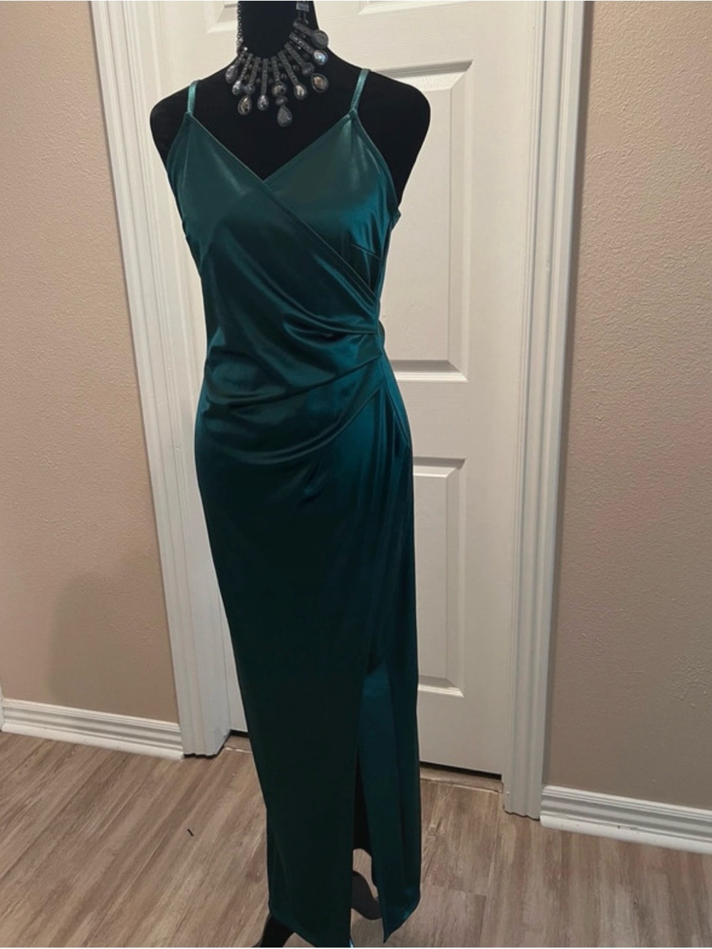 Formal green evening bridesmaid dress with slit